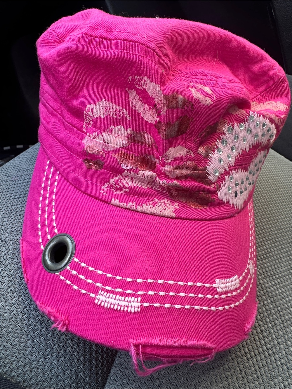 Hot Pink Distressed Lips Cap with Stud Detail